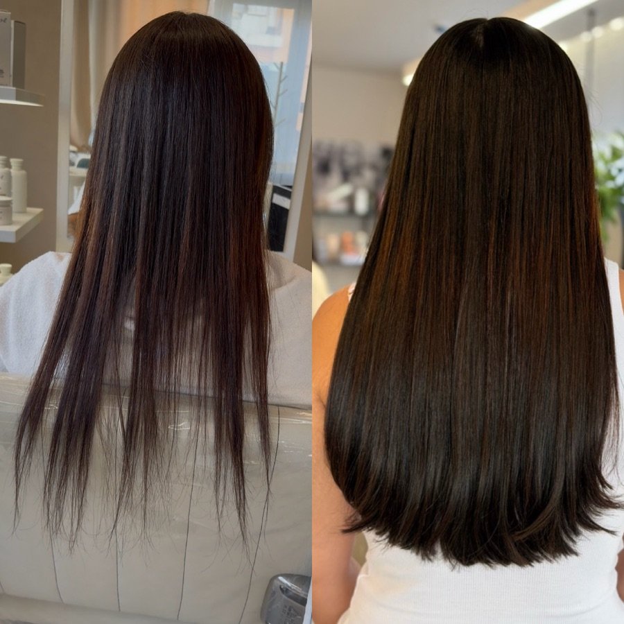 Antes e depois de extensões de cabelo no Amalfi Beauty Hair, no Estoril: à esquerda cabelo castanho fino e com pontas ralas, à direita comprido, cheio e com volume uniforme